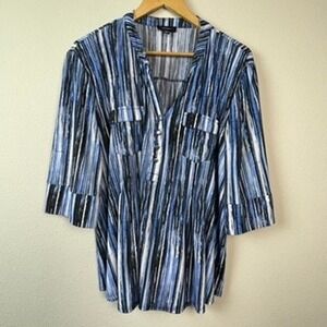 Cocomo Abstract Stripe Tunic Women XL Blue Black Everyday 3/4 Sleeve Blouse